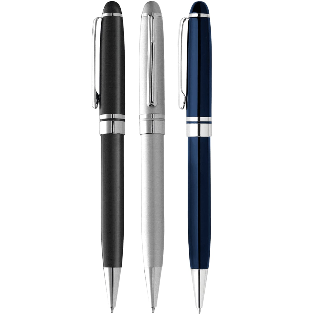 Three ballpoint pens: black, silver, and blue, with silver clips and accents, upright.