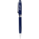 Navy blue pen with Scott written in white script and silver accents.
