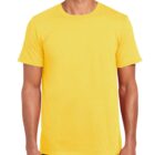 A person wearing a bright yellow T-shirt and dark pants stands against a plain white background. The T-shirt is plain without any designs or logos.