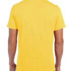 A person seen from behind wearing a bright yellow t-shirt and dark jeans. The background is plain white.