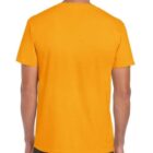 A person wearing a bright orange t-shirt and dark jeans is shown from the back. The t-shirt is plain and vibrant in color.