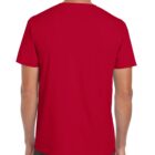 A person wearing a plain red T-shirt is shown from the back. The shirt is short-sleeved and paired with dark jeans. The background is white.