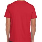 A person wearing a plain red T-shirt and dark jeans is shown from behind.