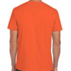 A person wearing an orange T-shirt is shown from the back. The T-shirt is plain, and the person is also wearing dark jeans.