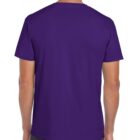 A person wearing a plain purple T-shirt and dark jeans is shown from behind. The outfit is simple, and the scene is neutral with a white background.
