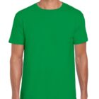 A person wearing a plain green t-shirt stands against a white background. The shirt is short-sleeved and of a bright, vibrant green color. The person is shown from the shoulders down to the waist.
