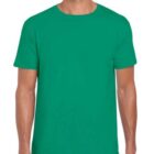 A person wearing a plain green t-shirt and dark pants stands against a neutral background. The t-shirt is short-sleeved and the style is casual.