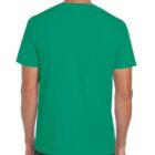 A person wearing a plain green T-shirt and dark jeans stands with their back to the camera against a white background.
