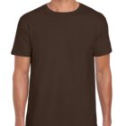 A person wearing a plain brown T-shirt stands against a neutral background. The T-shirt has a round neckline and short sleeves. The persons face is not visible.