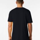 A man is wearing a plain black T-shirt and black shorts, standing with his back to the camera. The background is white and minimalistic.