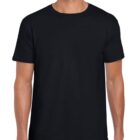 A person wearing a plain black T-shirt and dark pants. The T-shirt has short sleeves and a round neckline. The background is white.