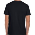 Back view of a person wearing a plain black T-shirt and dark jeans against a plain white background.