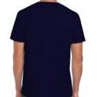A person is wearing a plain dark blue T-shirt, viewed from the back. The T-shirt is short-sleeved and paired with dark jeans. The overall look is casual.