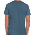 Rear view of a person wearing a plain teal t-shirt and dark jeans. The background is plain white.