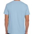 A person wearing a light blue T-shirt shown from the back. The T-shirt has short sleeves and is paired with dark jeans. The background is plain white.