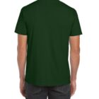 A person wearing a dark green T-shirt and dark jeans is seen from the back, standing against a plain background.