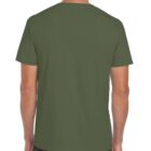 The back view of a person wearing an olive green T-shirt and dark jeans. The person is standing upright, facing away from the viewer against a plain background.