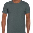 A person wearing a plain dark gray t-shirt and blue jeans stands against a white background. The t-shirt has a simple crew neck design.