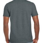 A person is seen from behind wearing a dark gray short-sleeve T-shirt and blue jeans. The T-shirt is plain with no visible logos or designs. The background is plain and white.