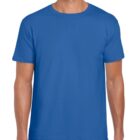 A person wearing a plain blue T-shirt and dark jeans is standing against a white background. The T-shirt has a simple crew neck design.