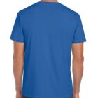 A person wearing a plain blue t-shirt and dark jeans is shown from the back against a white background.