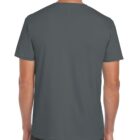 A person wearing a plain dark gray T-shirt and jeans is shown from the back. The T-shirt has short sleeves and a simple design. The background is plain white.