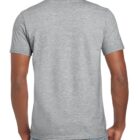 A person wearing a plain gray t-shirt and blue jeans is shown from the back. The t-shirt is short-sleeved and fitted. The background is white, emphasizing the clothing.
