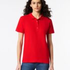 Person wearing a bright red polo shirt and blue jeans, standing against a plain white background.