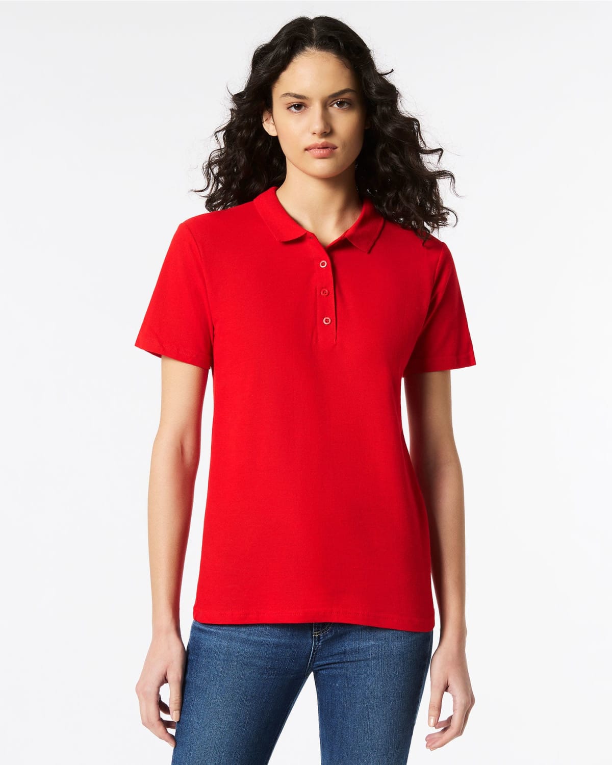 Person wearing a bright red polo shirt and blue jeans, standing against a plain white background.