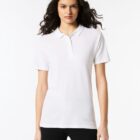 Person wearing a plain white polo shirt and black pants, standing against a white background.