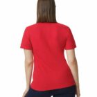 Person wearing a plain red t-shirt and dark jeans, seen from the back on a white background.