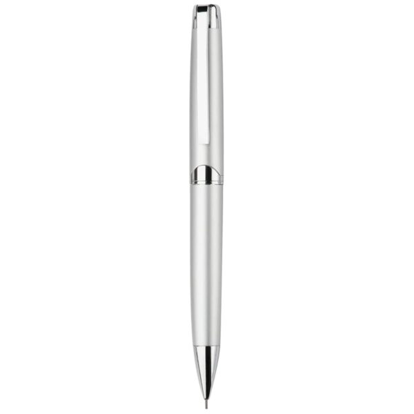 Silver ballpoint pen with a sleek, metallic finish on a white background.