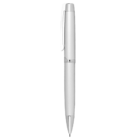A silver ballpoint pen with a clip, upright on a white background.