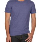 A person wearing a plain, short-sleeved, blue T-shirt and dark jeans stands against a white background. The focus is on the upper body, with arms relaxed by their sides.