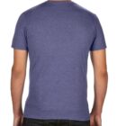 A person wearing a plain blue short-sleeve T-shirt and dark jeans, shown from the back.