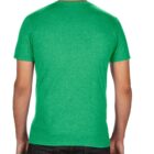 A person wearing a bright green t-shirt and dark jeans is shown from the back. The t-shirt is short-sleeved and fits snugly. The image focuses on the clothing style.
