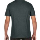 Rear view of a person wearing a dark gray T-shirt and dark jeans, against a white background.