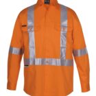 Orange high-visibility safety shirt with reflective silver stripes on the front, sleeves, and back. It has two front pockets with button flaps and a collar.