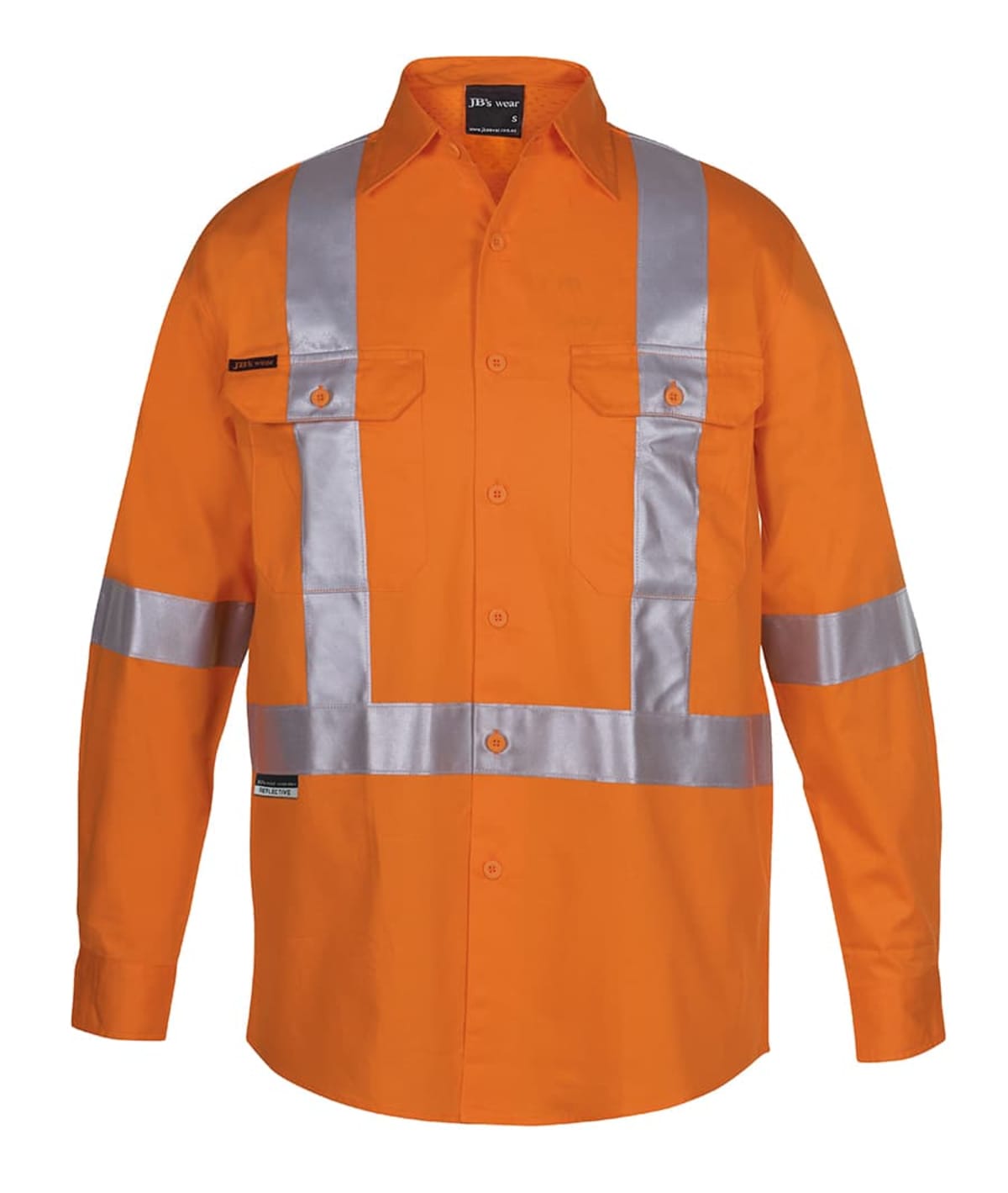 Orange high-visibility safety shirt with reflective silver stripes on the front, sleeves, and back. It has two front pockets with button flaps and a collar.