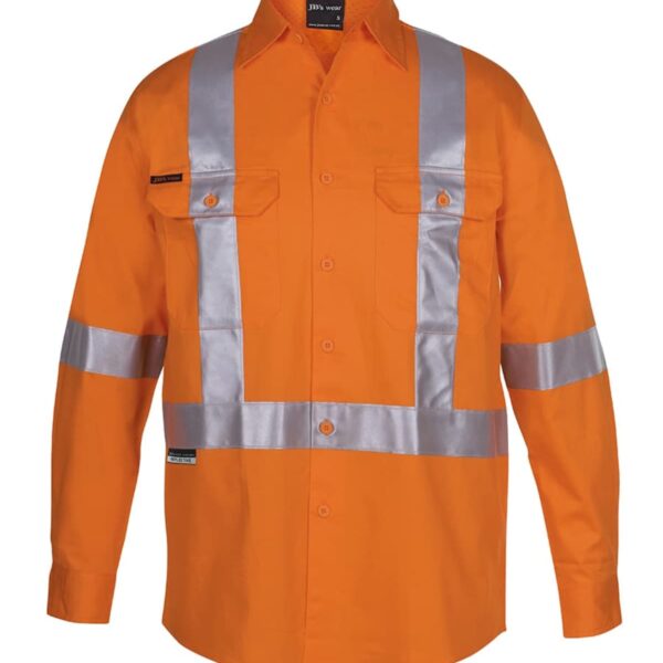 Orange high-visibility safety shirt with long sleeves and two chest pockets, featuring reflective silver strips across the front, back, and arms.