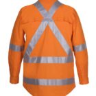 Orange safety jacket with long sleeves, featuring reflective silver strips in an X shape on the back, and horizontal strips around the waist and arms. The jacket appears to be designed for visibility and safety in low-light conditions.