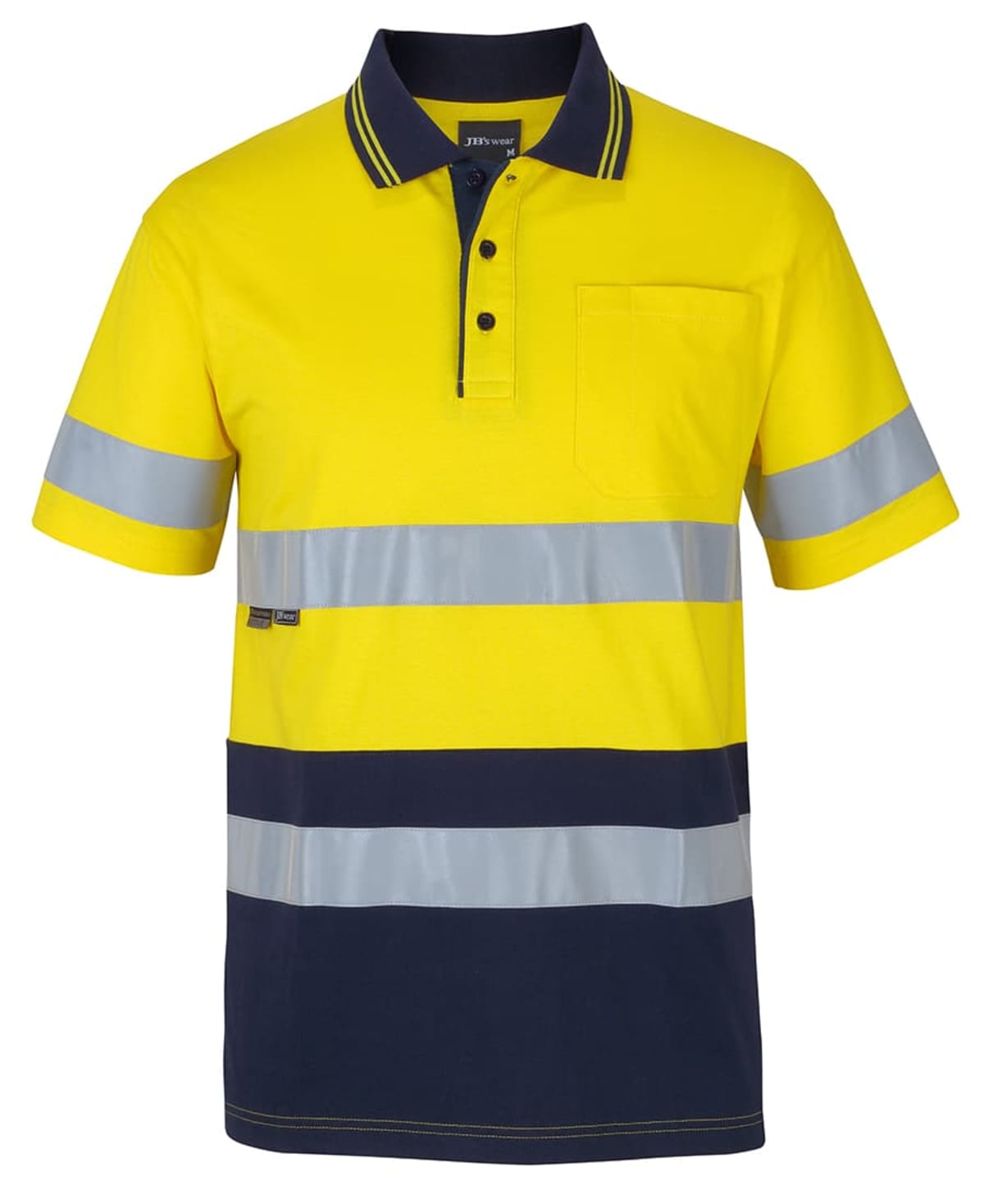 Yellow and navy polo shirt with reflective stripes and a front chest pocket.