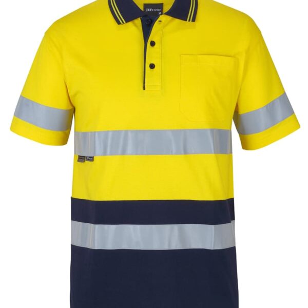 Yellow and navy short sleeve polo shirt with reflective stripes and a front chest pocket.