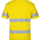 A yellow short-sleeve safety shirt with two horizontal reflective stripes on the back.