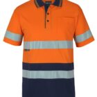 Orange and navy polo shirt with reflective silver stripes and a chest pocket, front view.