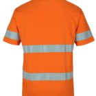 Back view of an orange short-sleeve shirt with two horizontal reflective stripes.