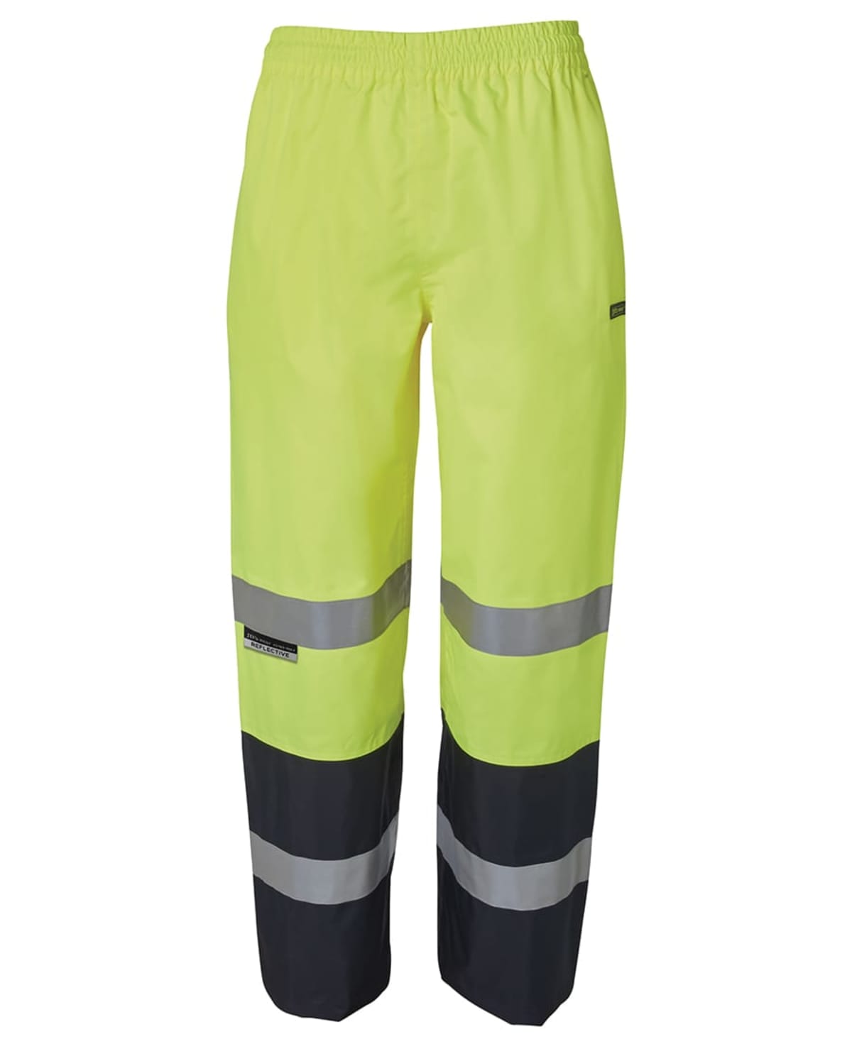 High-visibility yellow pants with reflective silver and black bands on the legs.
