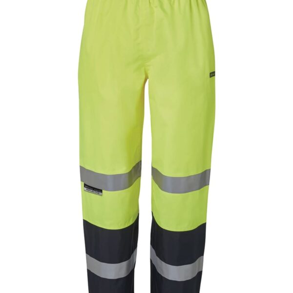 High-visibility yellow pants with reflective silver and black bands on the legs.