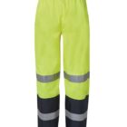 Yellow high-visibility work pants with reflective stripes and black accents at the bottom.
