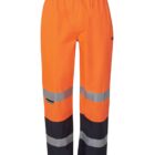 Bright orange and black high-visibility work pants with reflective silver stripes.